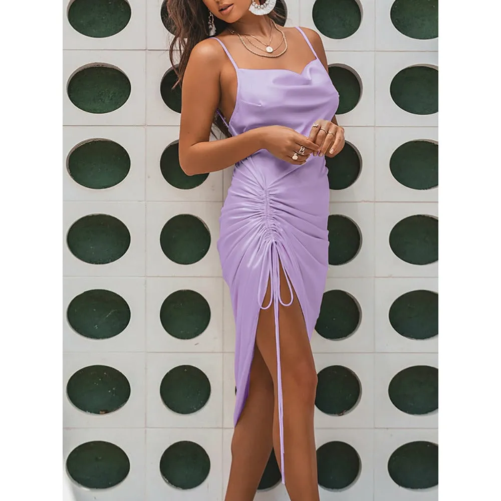 NewAsia Ruched Satin Summer Dress Drawstring Spaghetti Straps Cowl Neck Backless Long Dresses for Women Party Sexy Vestidos 2020