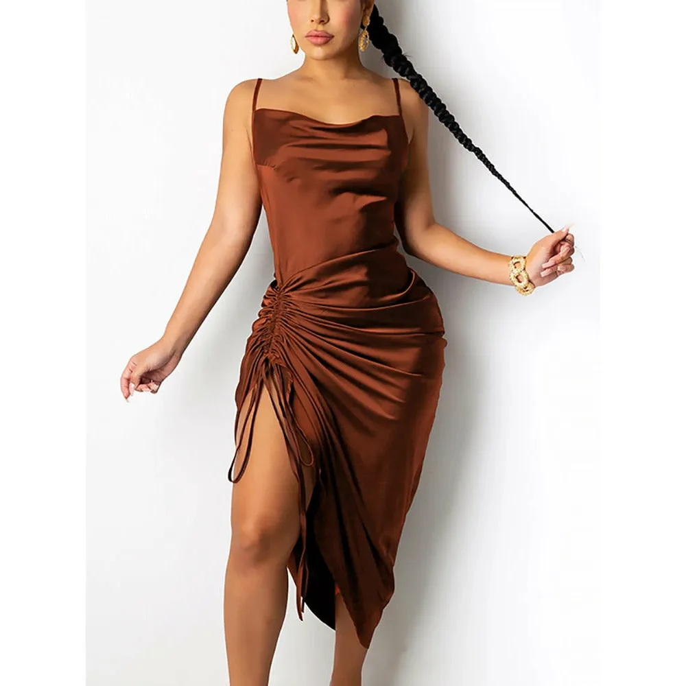 NewAsia Ruched Satin Summer Dress Drawstring Spaghetti Straps Cowl Neck Backless Long Dresses for Women Party Sexy Vestidos 2020