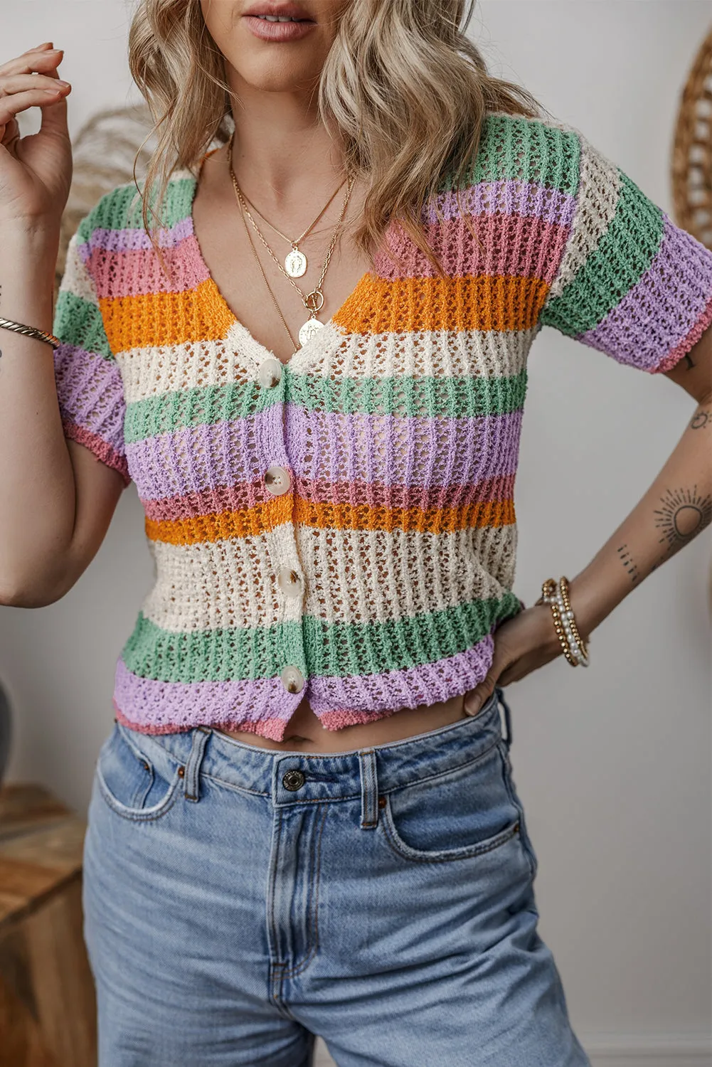 Orange Colorblock Striped Pointelle Knit V Neck Buttoned Crop Short Sleeve Sweater