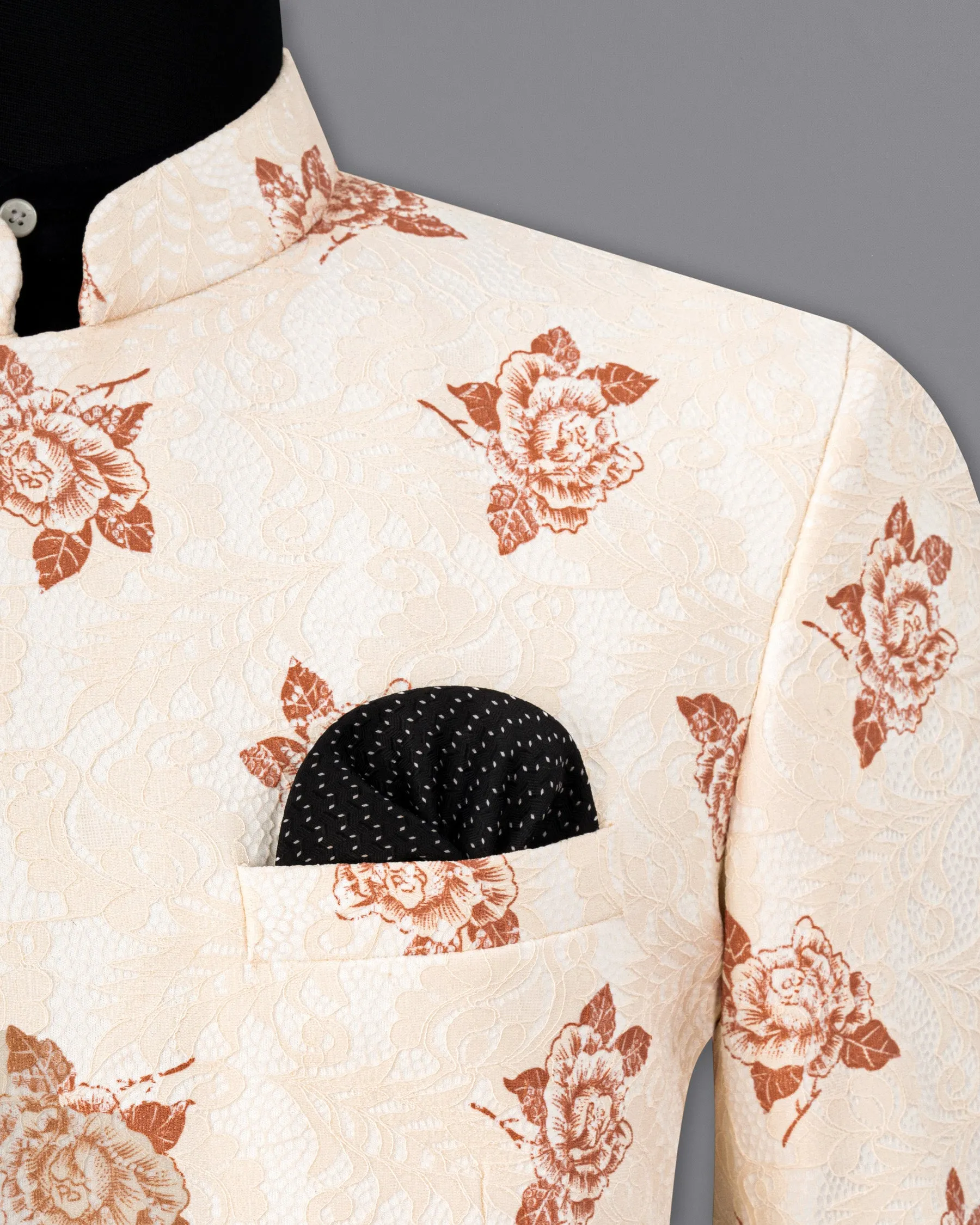 Pearl Bush Floral Printed and Textured Cross-Buttoned Bandhgala Blazer