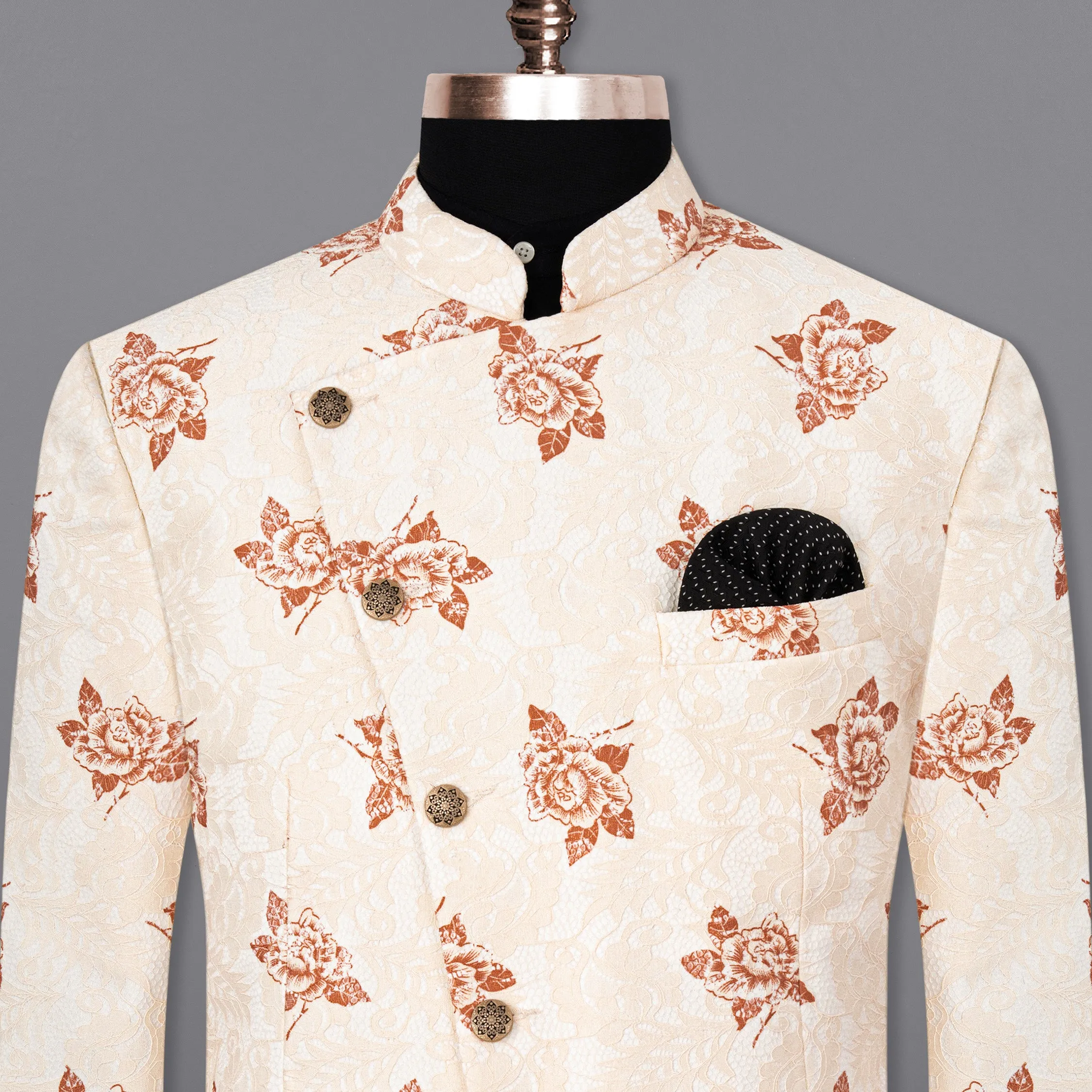 Pearl Bush Floral Printed and Textured Cross-Buttoned Bandhgala Blazer