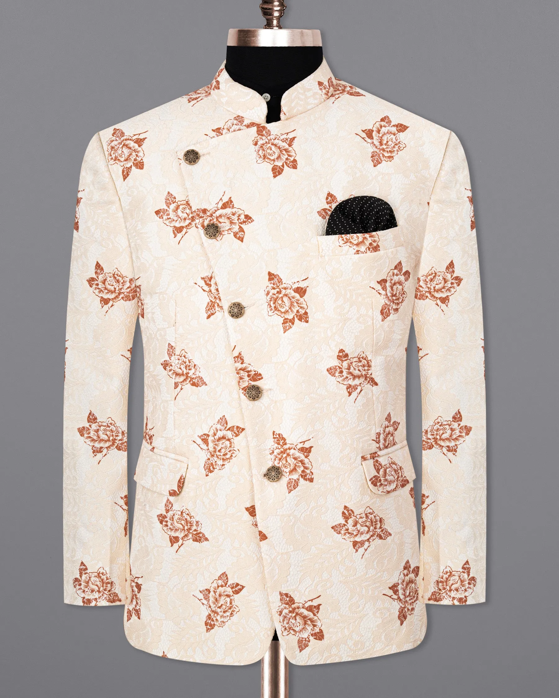 Pearl Bush Floral Printed and Textured Cross-Buttoned Bandhgala Blazer