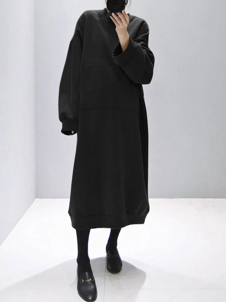 Pure Color Front Pocket Long Sleeve Plus Size Casual Thick Hoodie Women Midi Dress