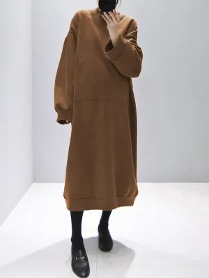 Pure Color Front Pocket Long Sleeve Plus Size Casual Thick Hoodie Women Midi Dress