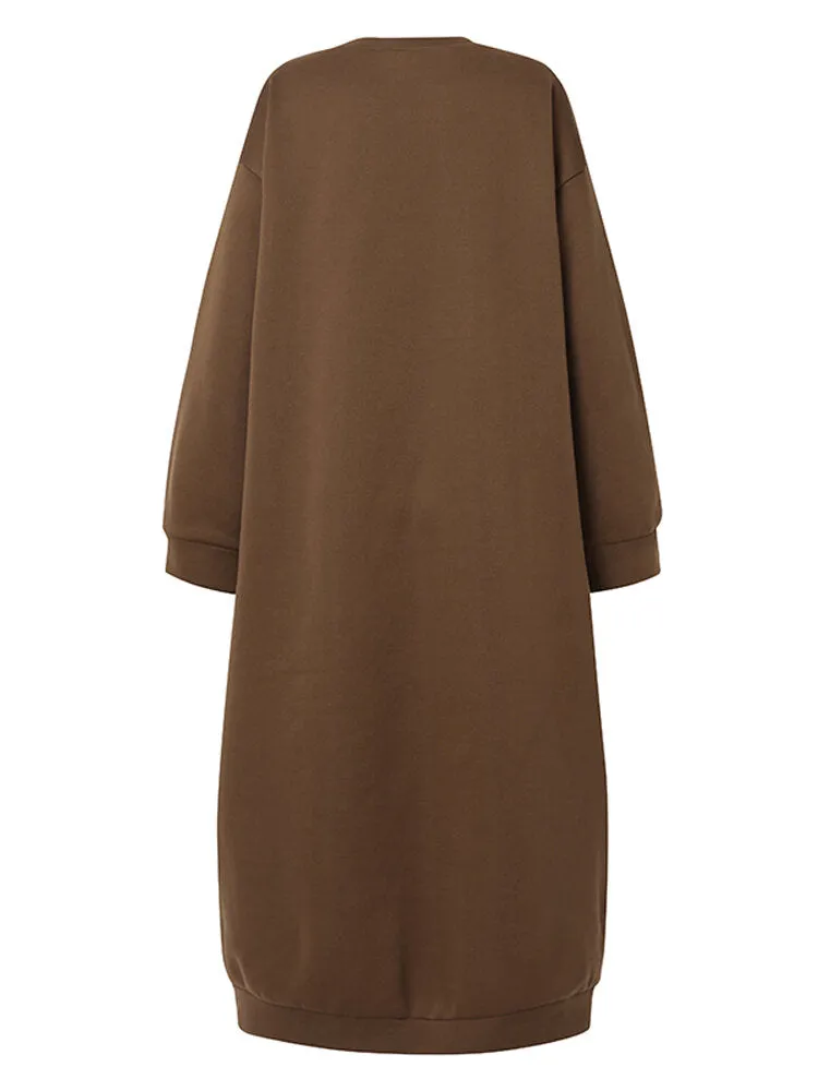 Pure Color Front Pocket Long Sleeve Plus Size Casual Thick Hoodie Women Midi Dress