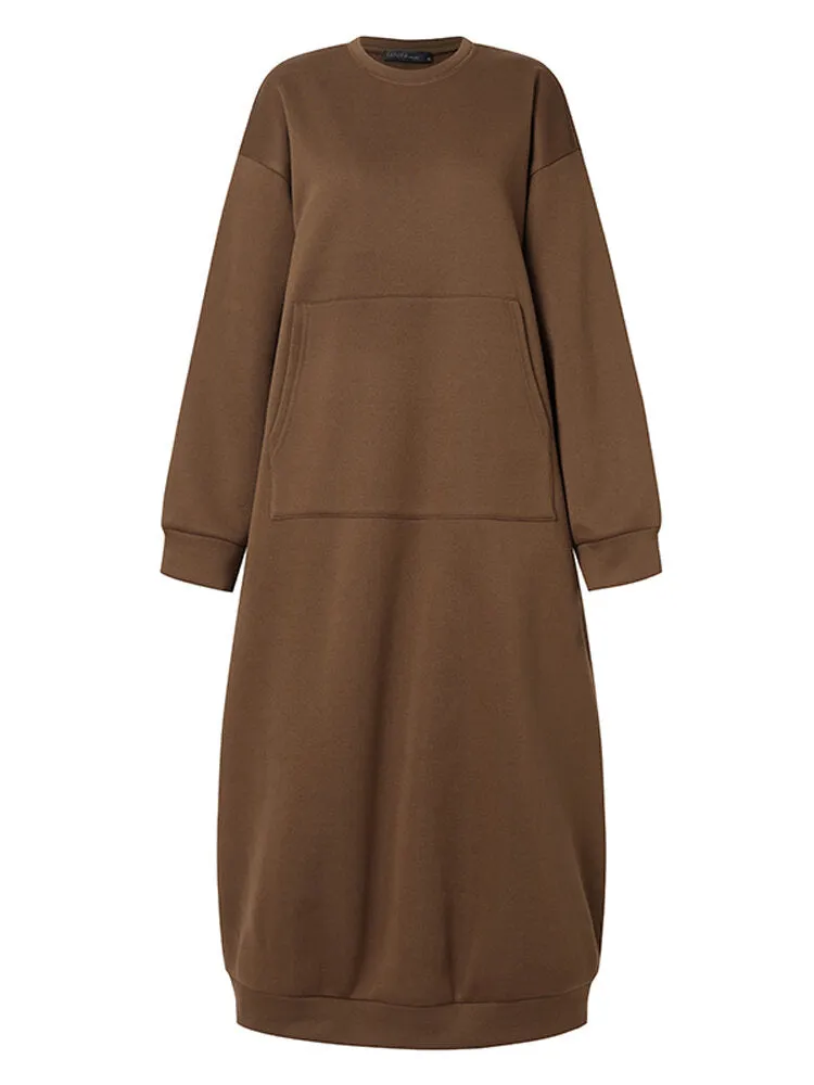 Pure Color Front Pocket Long Sleeve Plus Size Casual Thick Hoodie Women Midi Dress