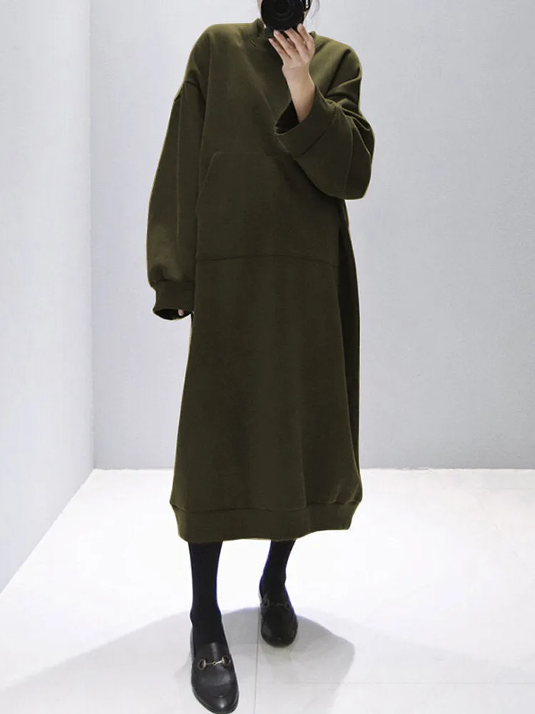 Pure Color Front Pocket Long Sleeve Plus Size Casual Thick Hoodie Women Midi Dress