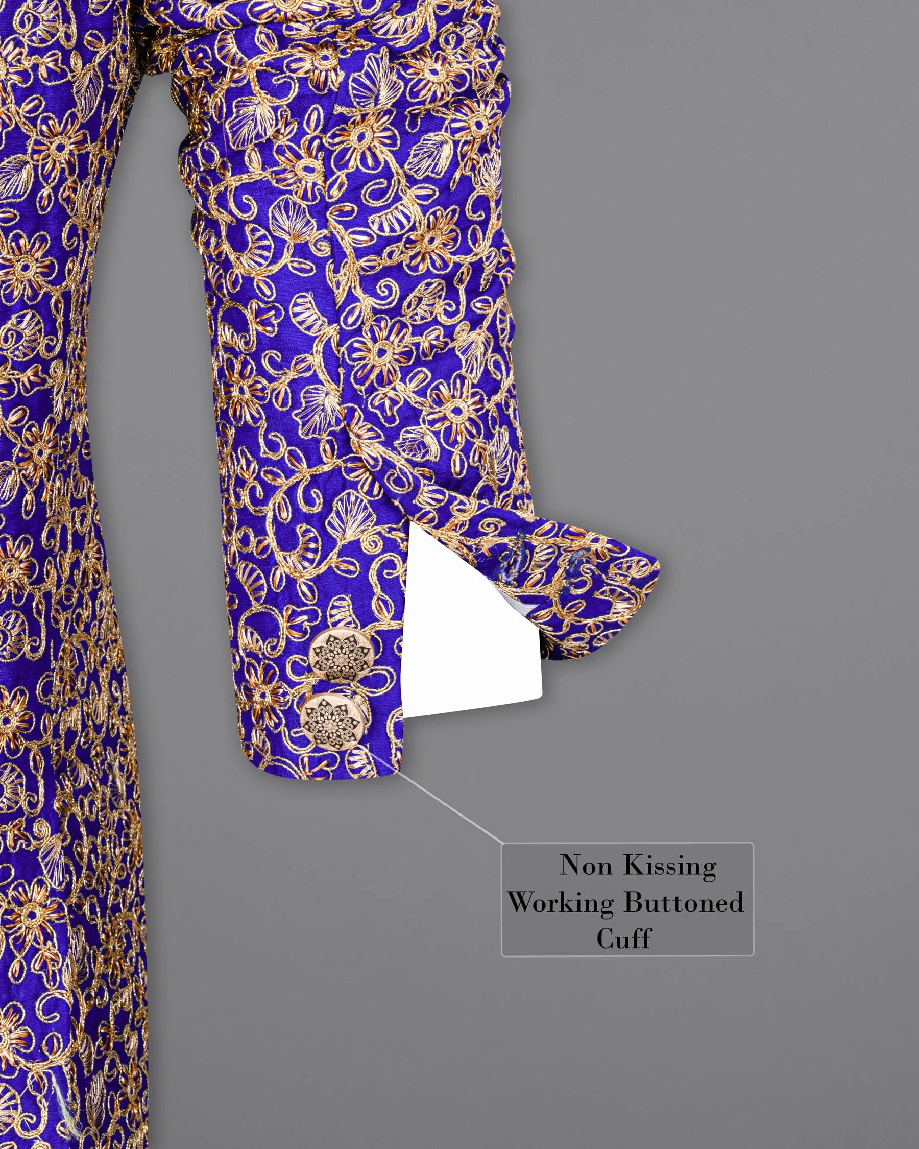 Sapphire Blue and Fawn Embroidery Cross-Buttoned Bandhgala Designer Blazer