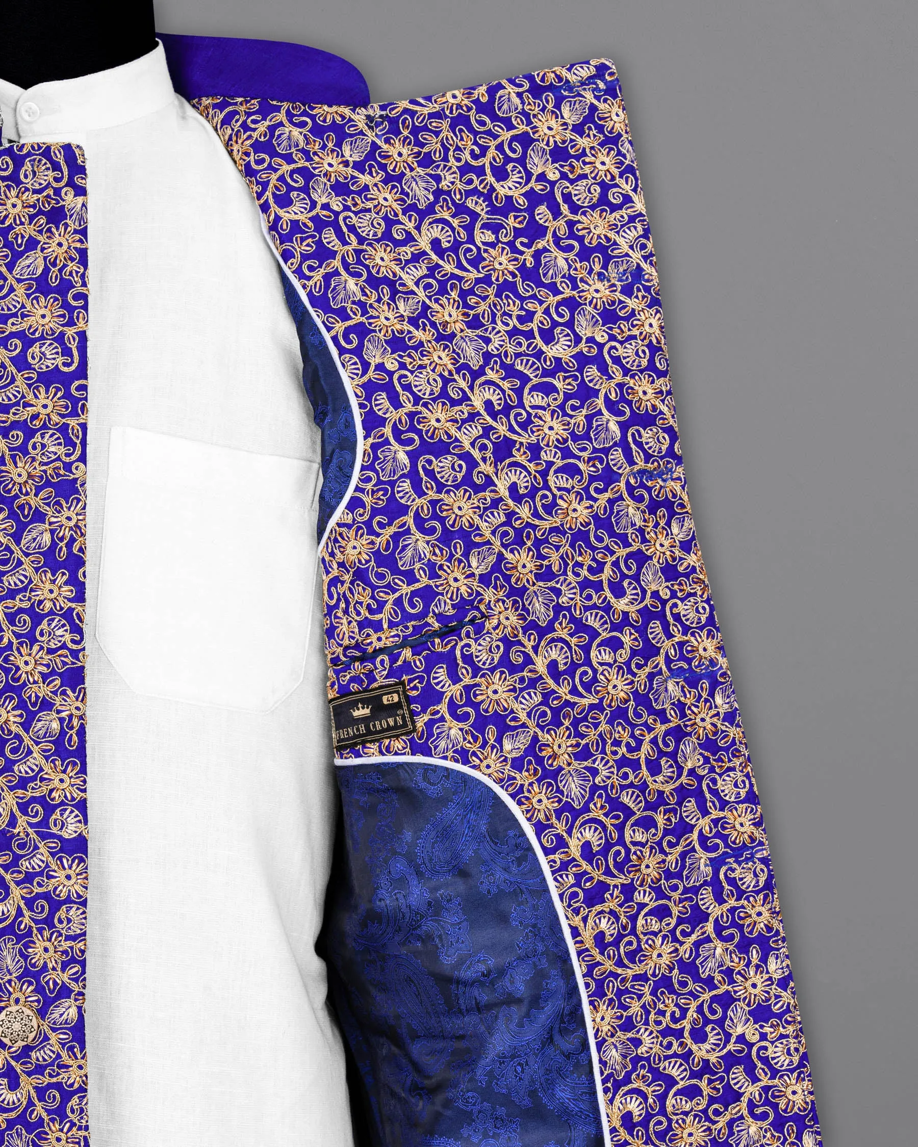 Sapphire Blue and Fawn Embroidery Cross-Buttoned Bandhgala Designer Blazer
