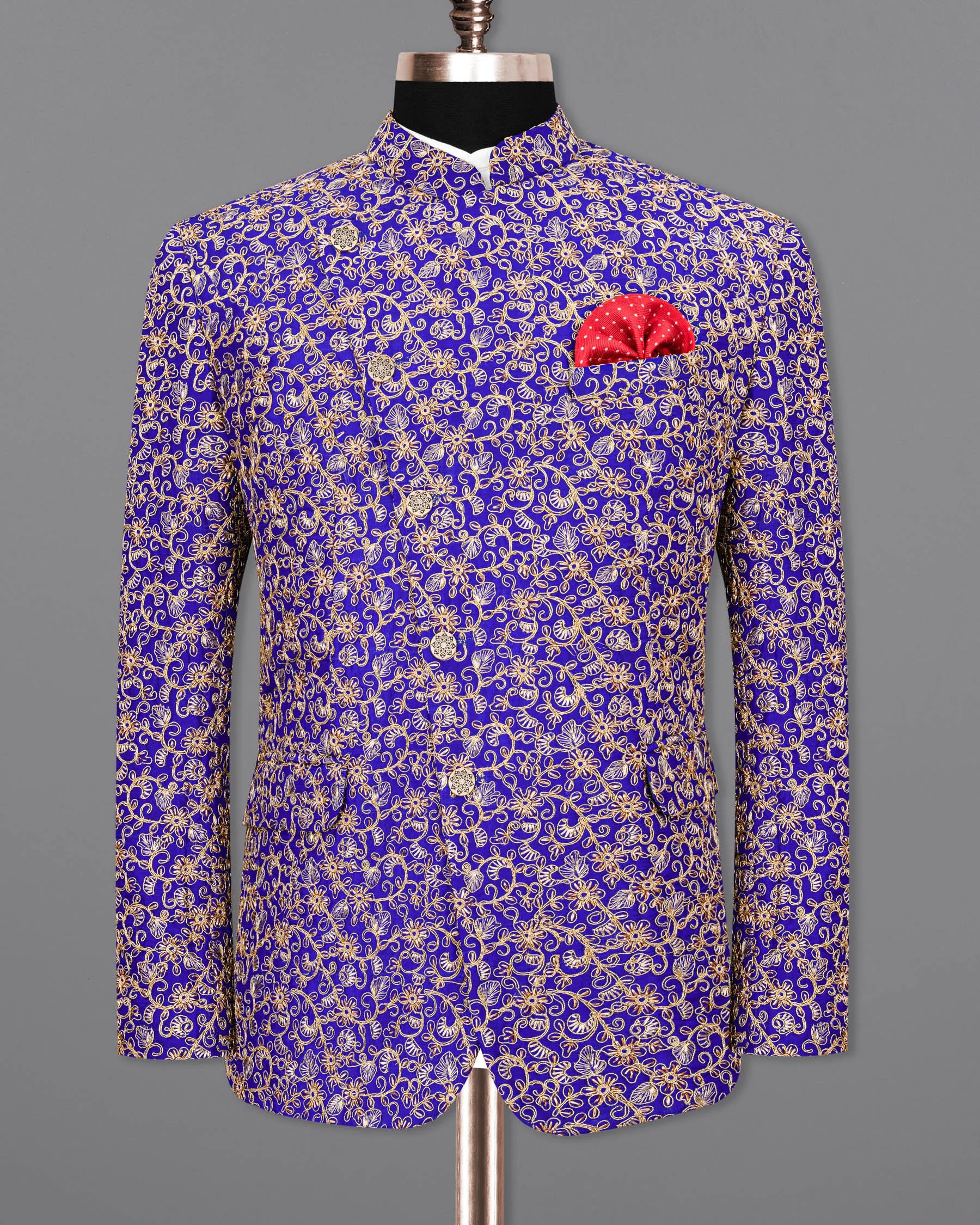 Sapphire Blue and Fawn Embroidery Cross-Buttoned Bandhgala Designer Blazer