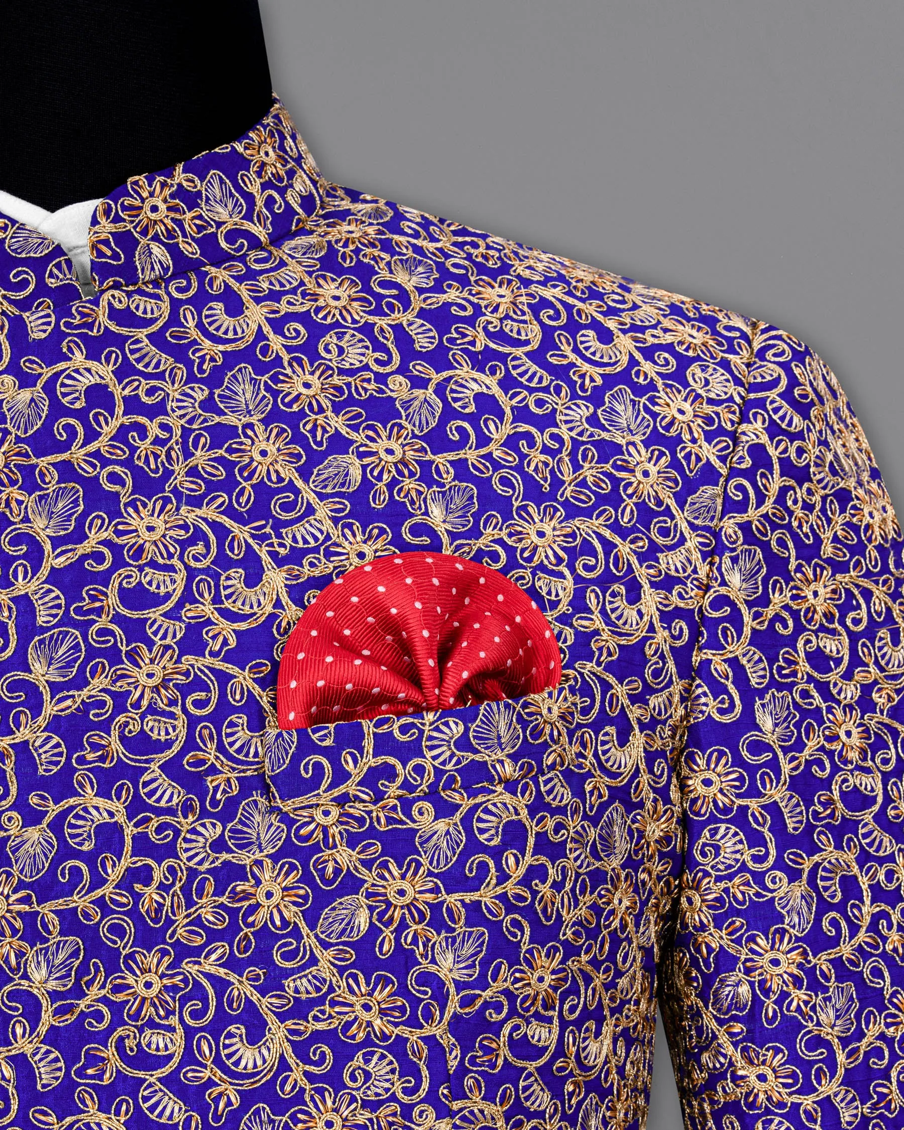 Sapphire Blue and Fawn Embroidery Cross-Buttoned Bandhgala Designer Blazer