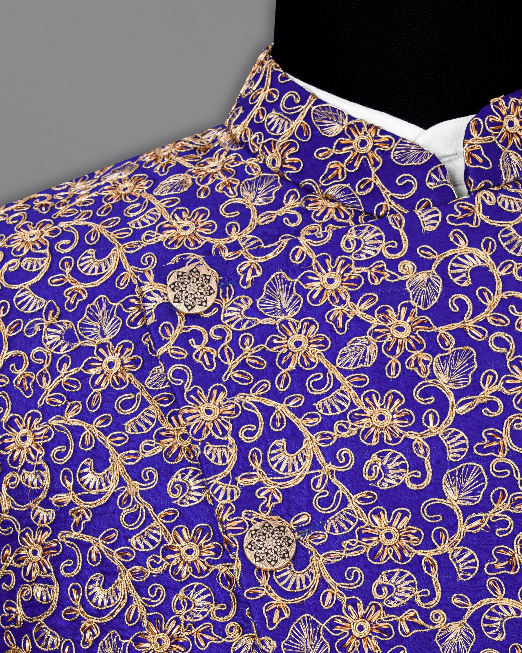 Sapphire Blue and Fawn Embroidery Cross-Buttoned Bandhgala Designer Blazer