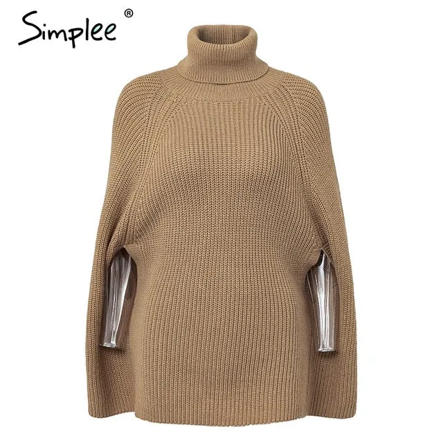 Simplee Knitted turtleneck cloak sweater Women Camel casual pullover Autumn winter streetwear women sweaters and pullovers 2018