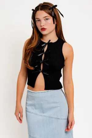 S/L Satin Bow Ribbed Top