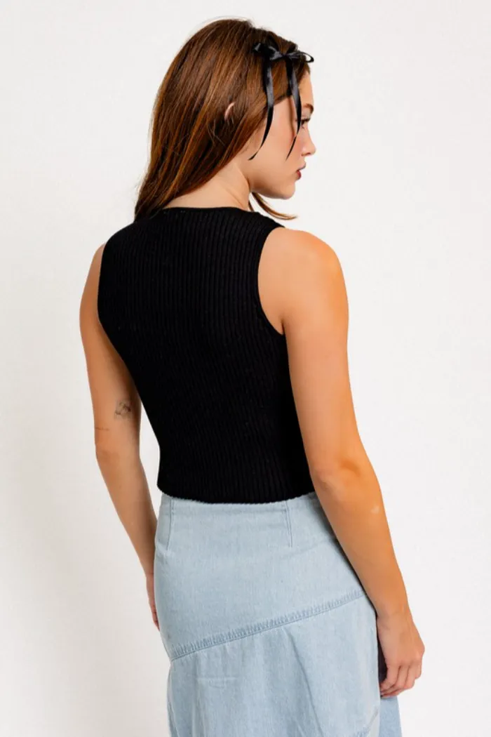 S/L Satin Bow Ribbed Top