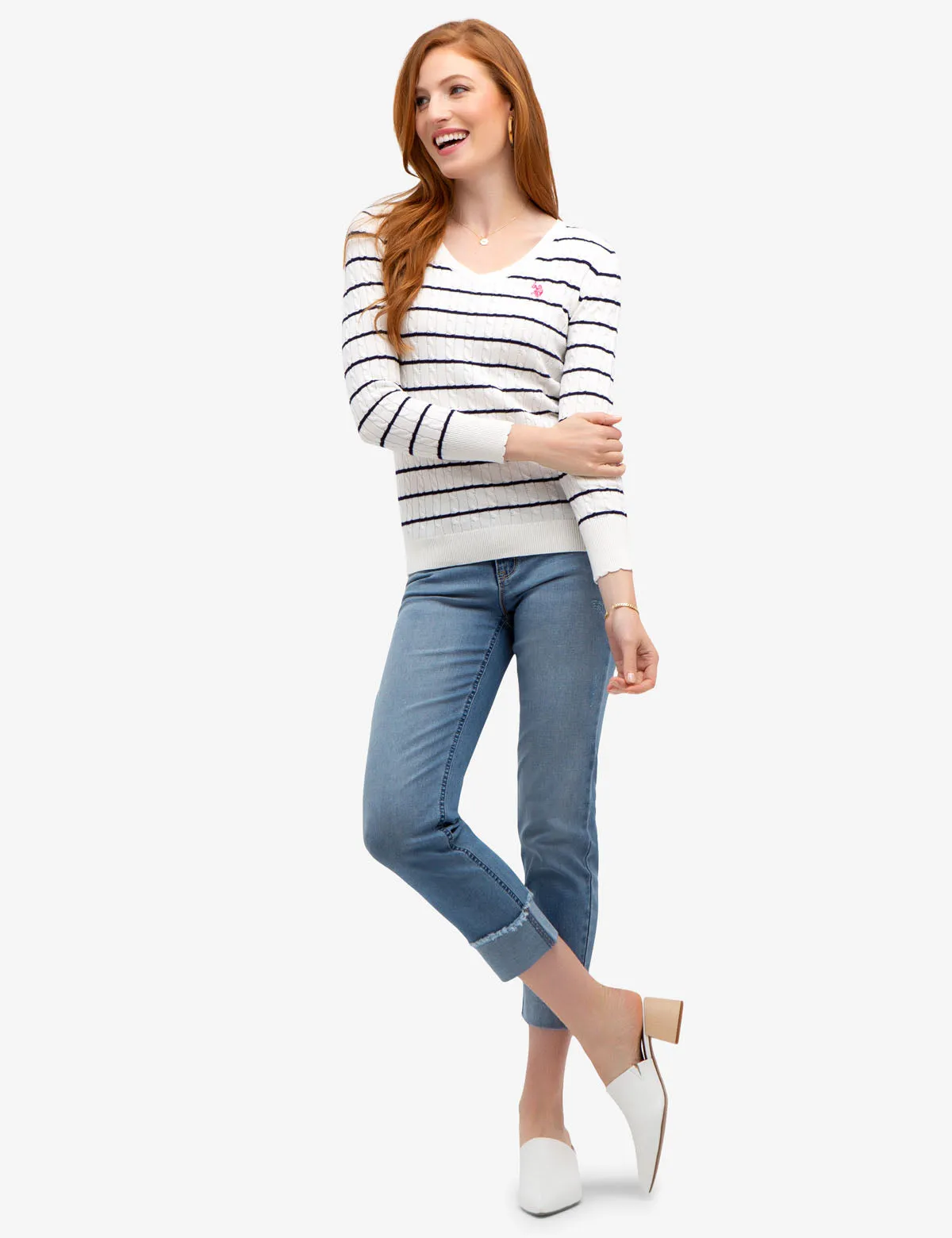 STRIPED CABLE KNIT V-NECK SWEATER