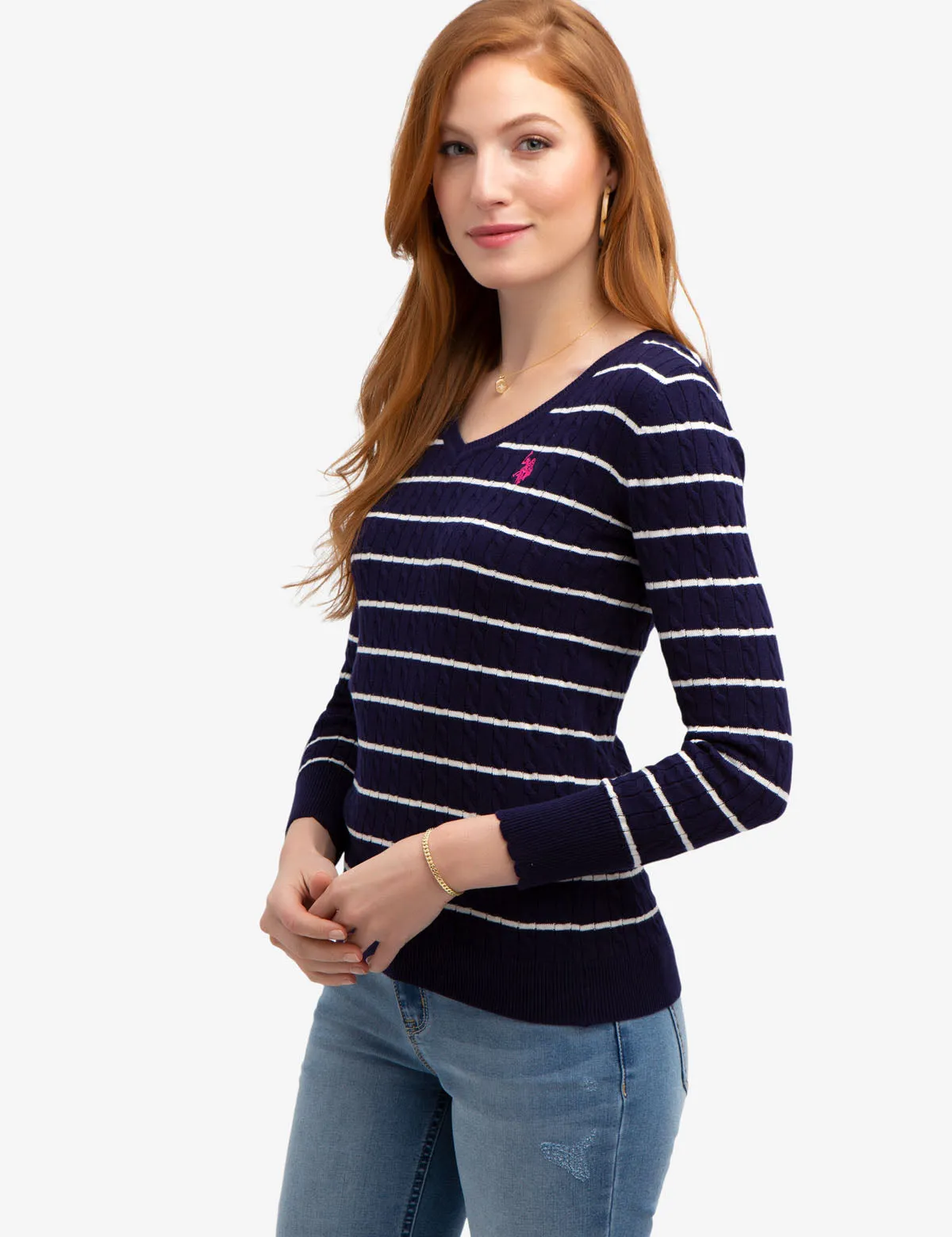 STRIPED CABLE KNIT V-NECK SWEATER
