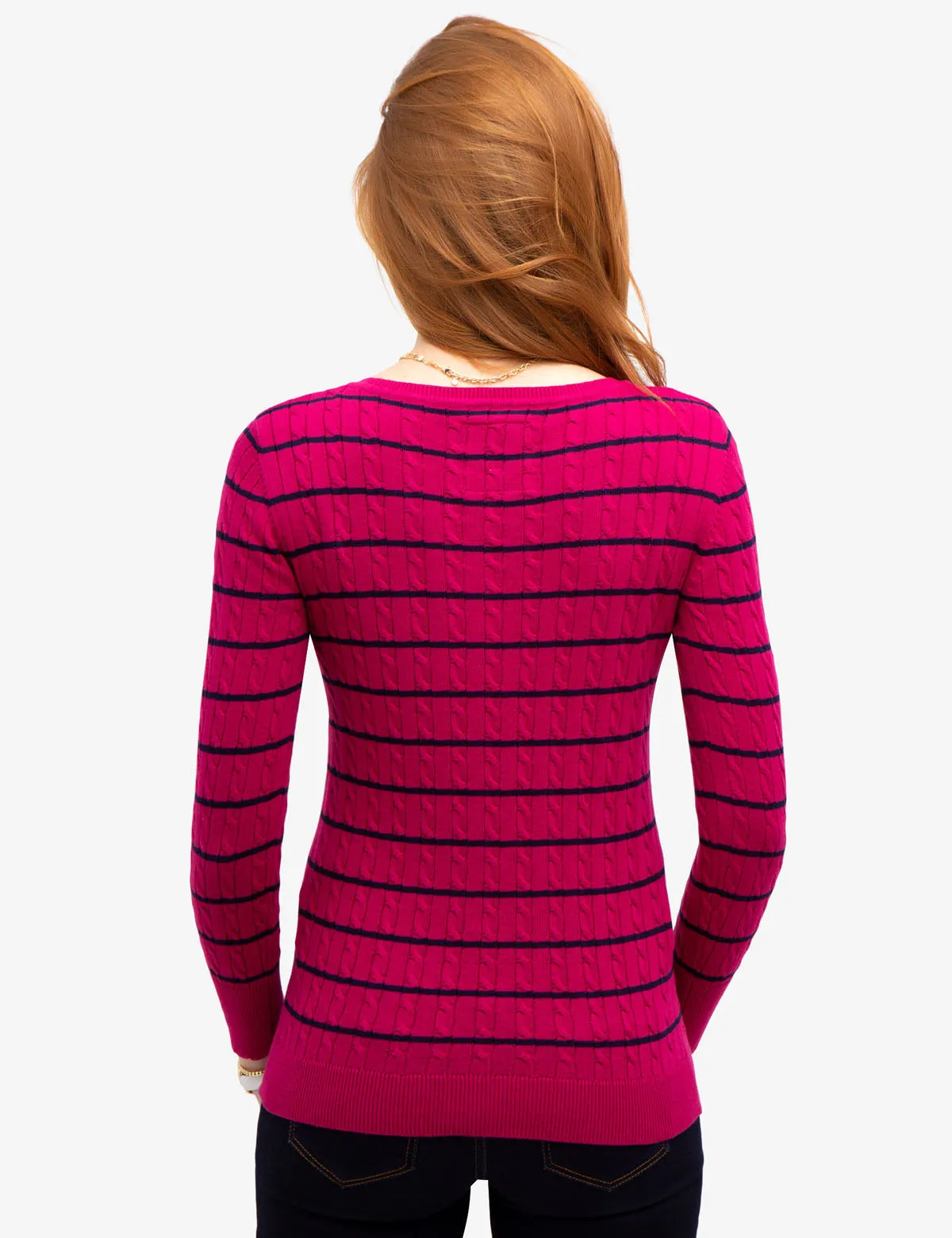 STRIPED CABLE KNIT V-NECK SWEATER