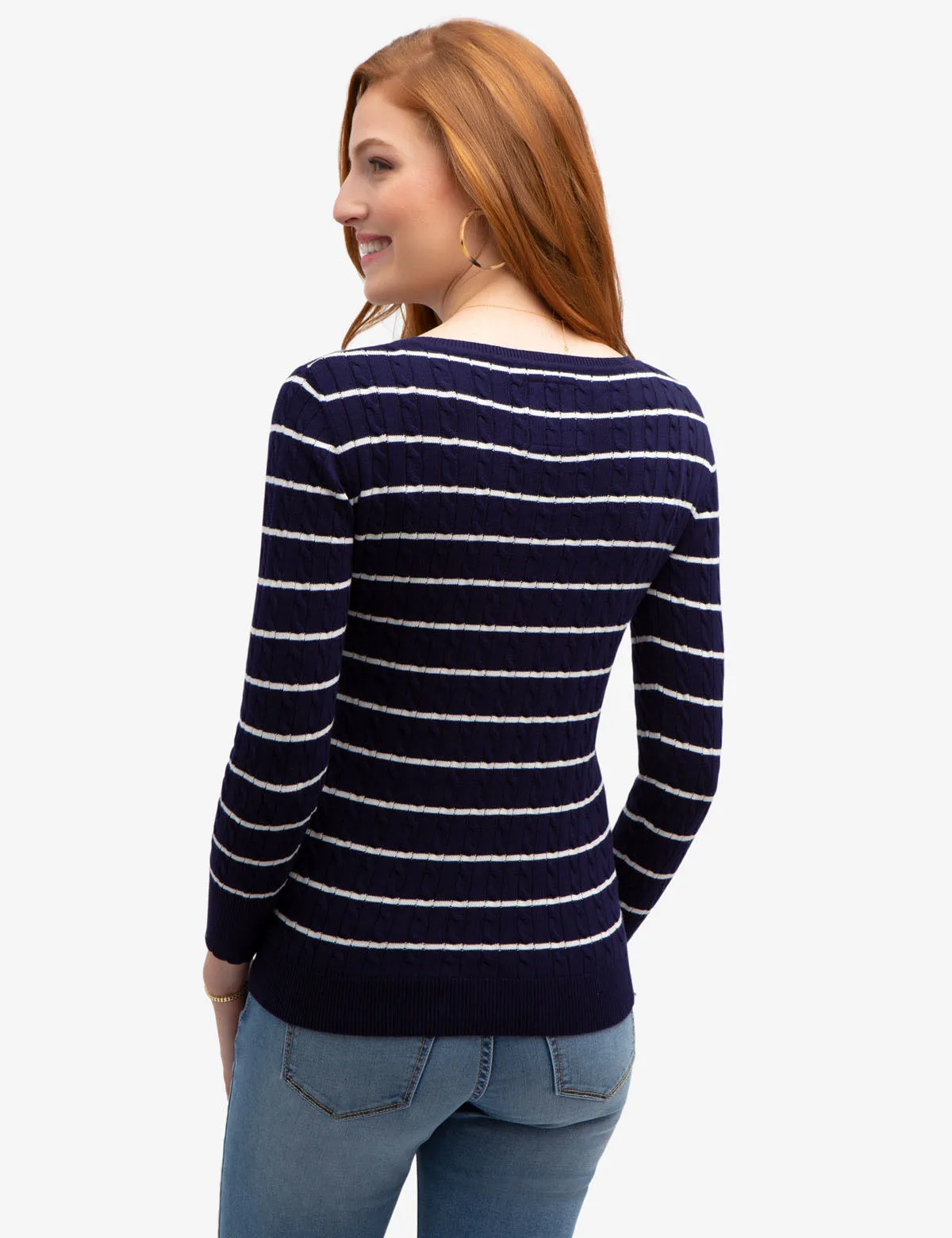 STRIPED CABLE KNIT V-NECK SWEATER