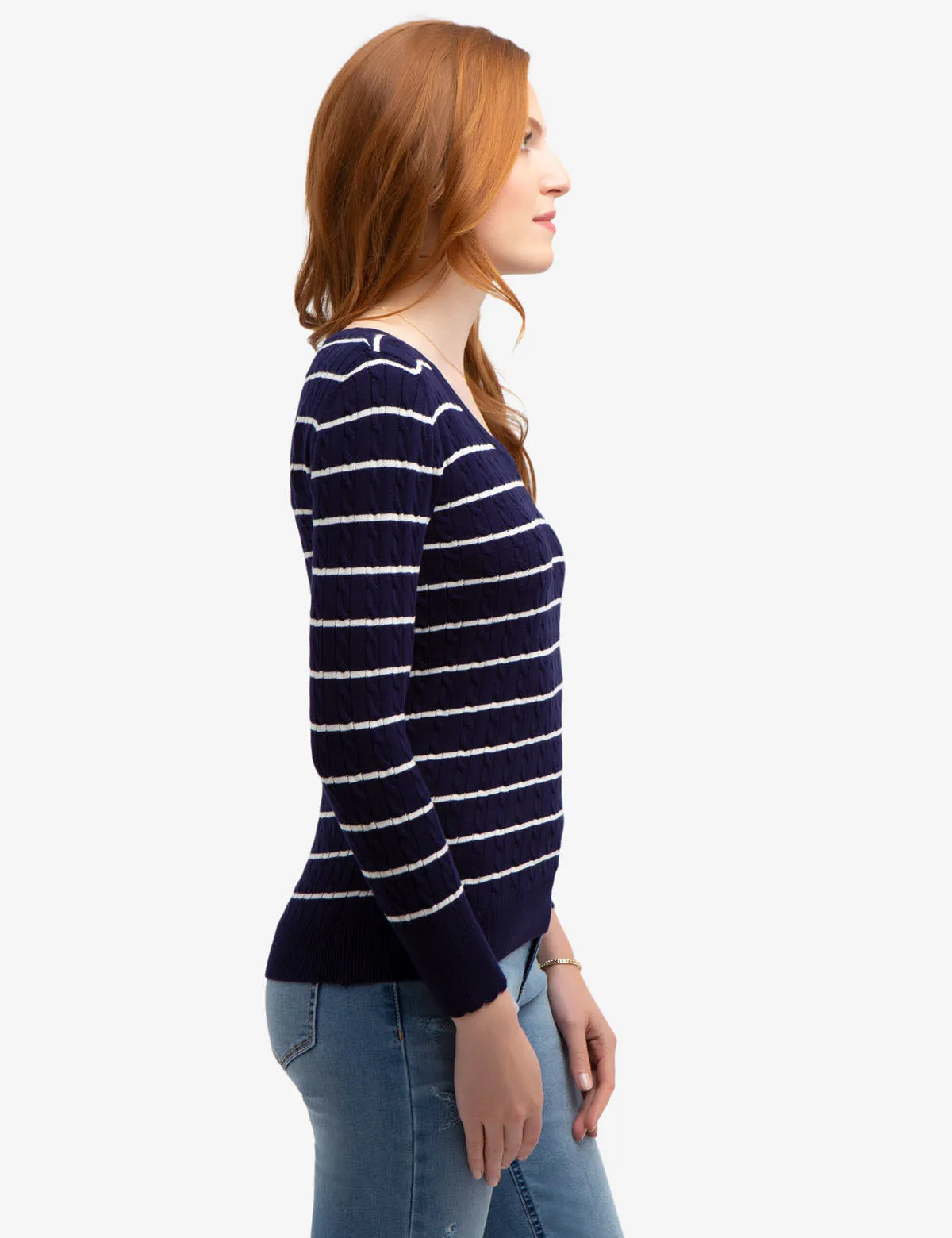 STRIPED CABLE KNIT V-NECK SWEATER