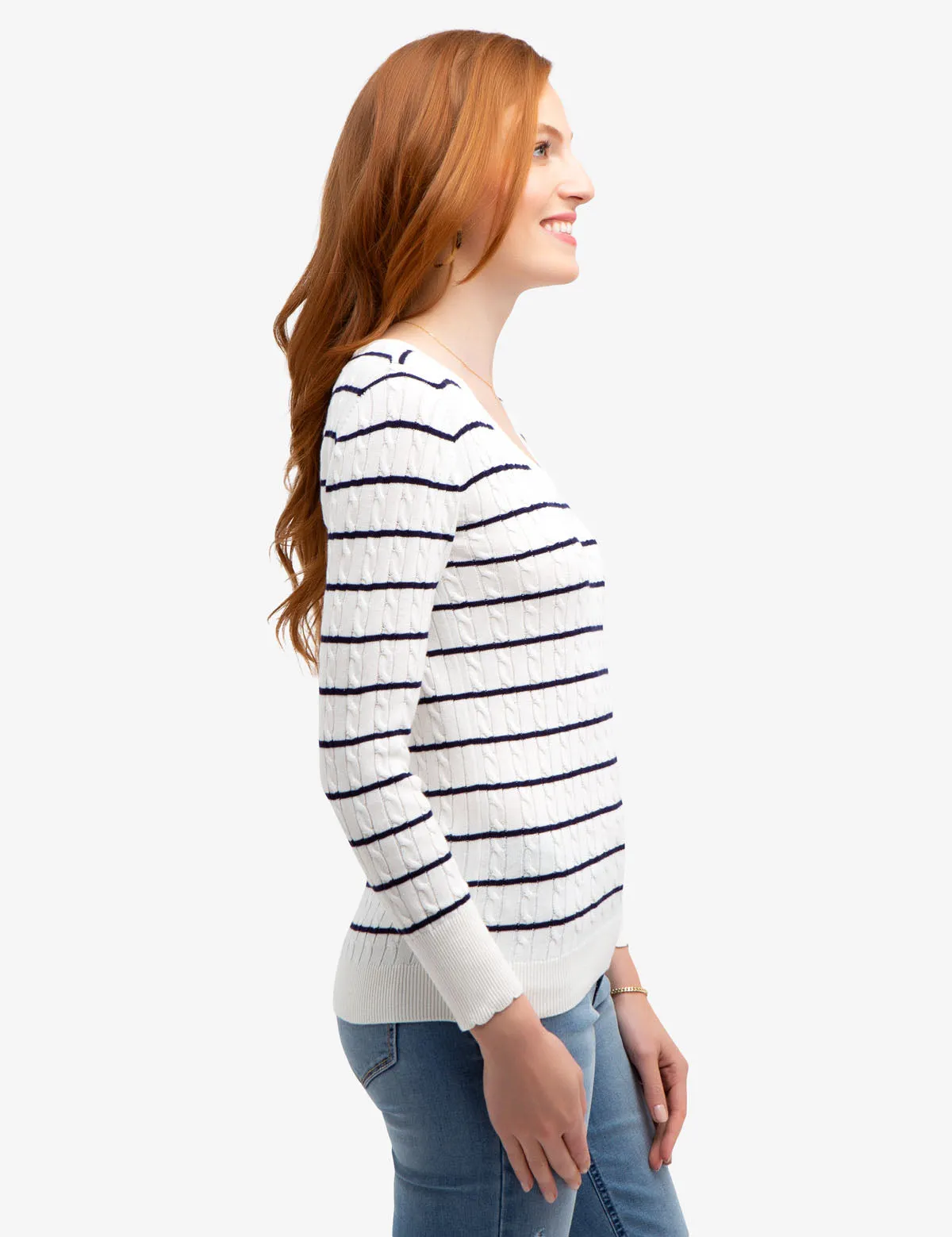 STRIPED CABLE KNIT V-NECK SWEATER