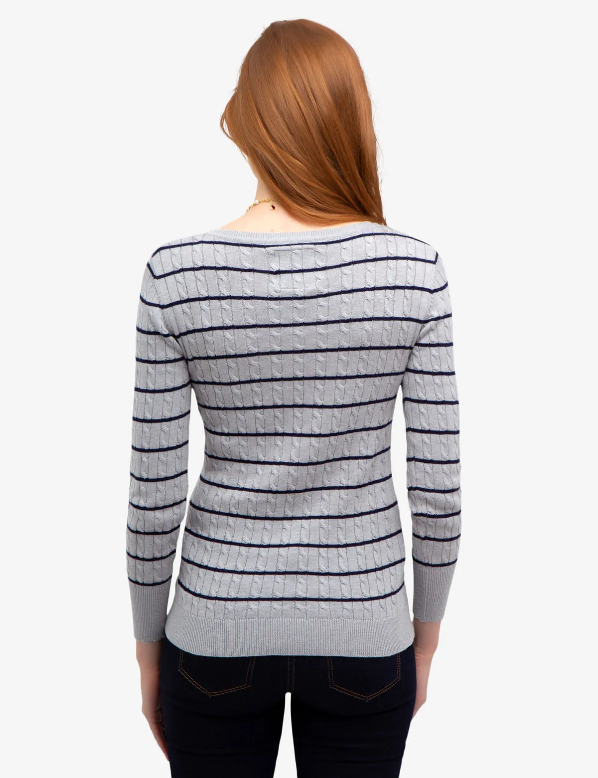STRIPED CABLE KNIT V-NECK SWEATER