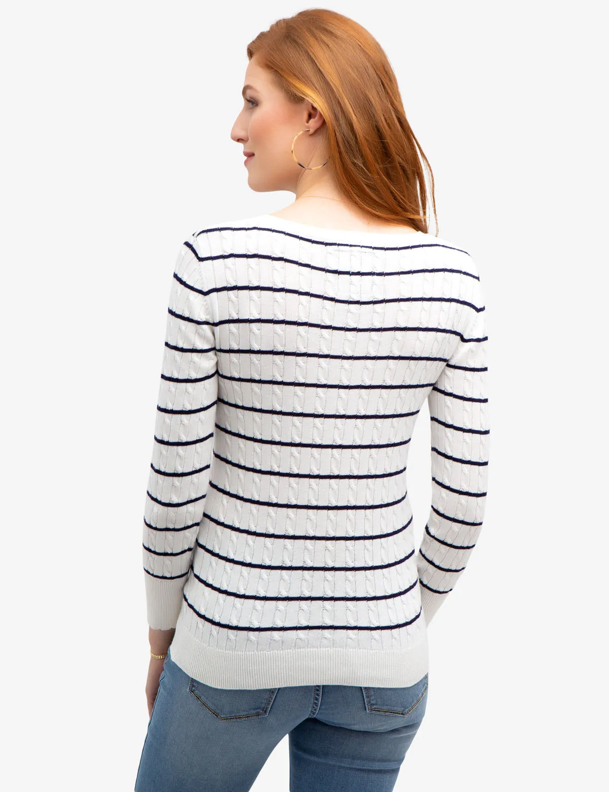 STRIPED CABLE KNIT V-NECK SWEATER
