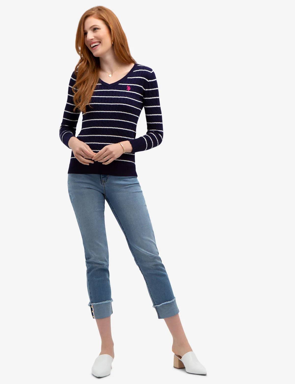 STRIPED CABLE KNIT V-NECK SWEATER