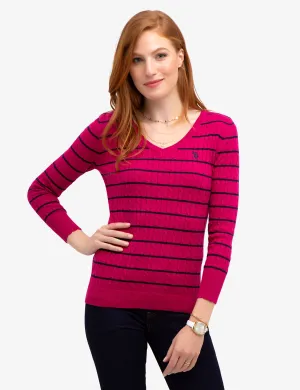 STRIPED CABLE KNIT V-NECK SWEATER