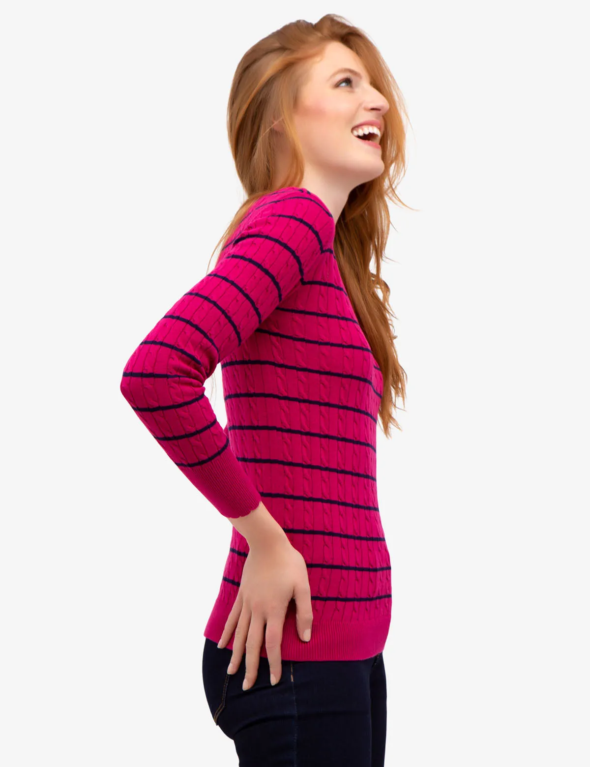 STRIPED CABLE KNIT V-NECK SWEATER
