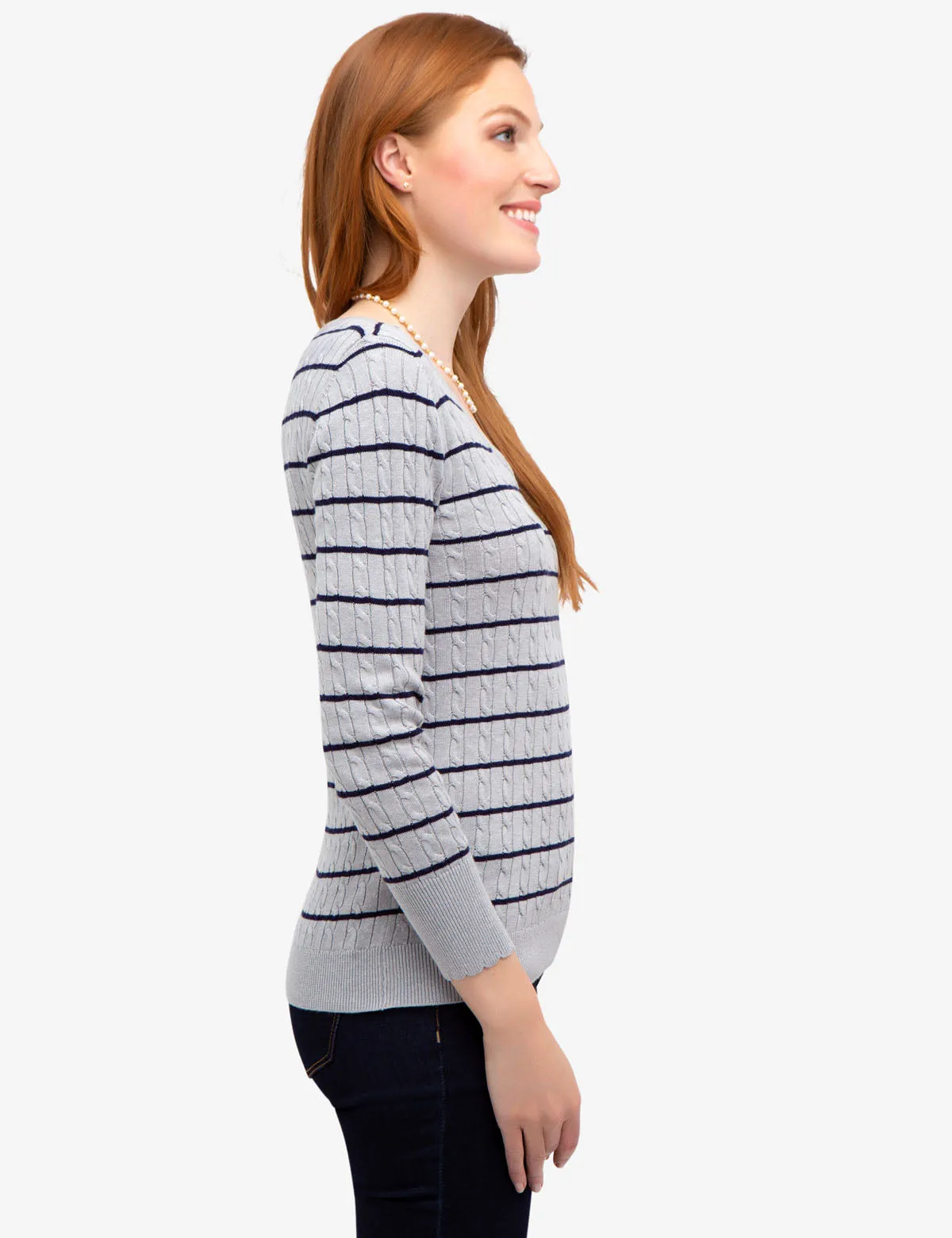 STRIPED CABLE KNIT V-NECK SWEATER