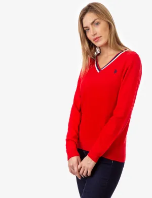 STRIPED RIB KNIT V-NECK SWEATER