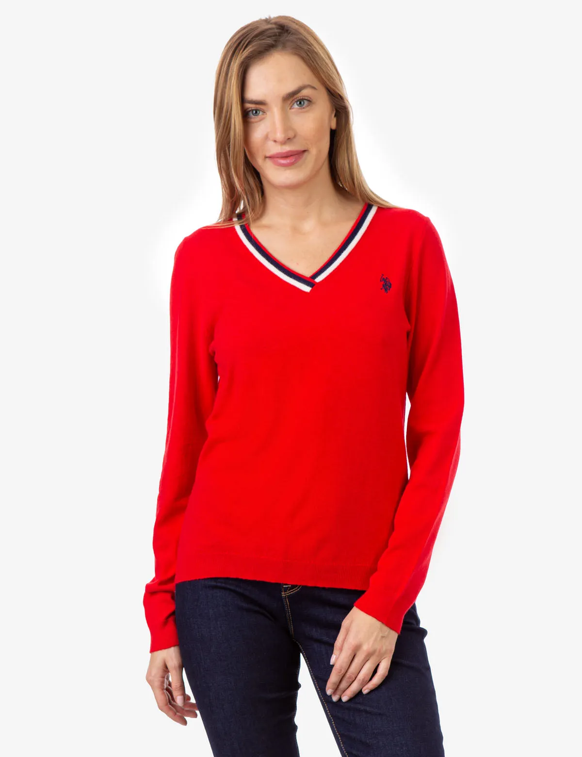 STRIPED RIB KNIT V-NECK SWEATER