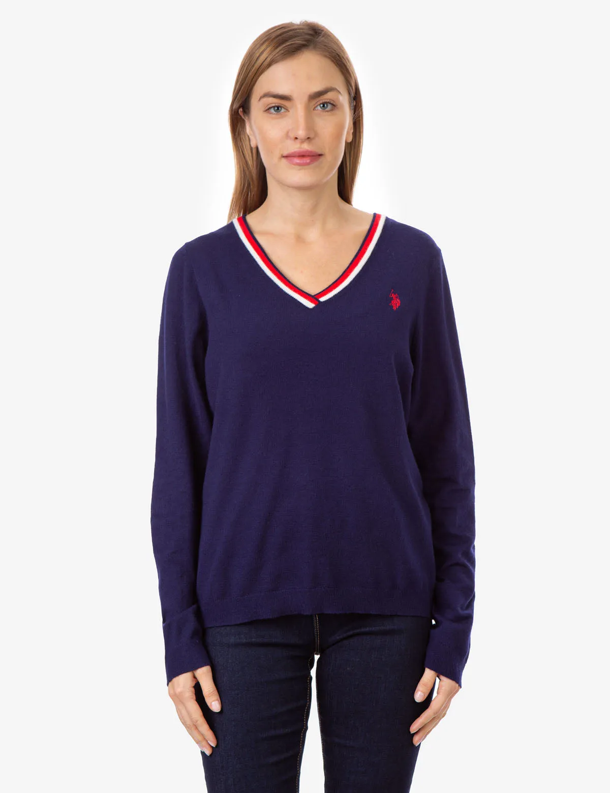 STRIPED RIB KNIT V-NECK SWEATER