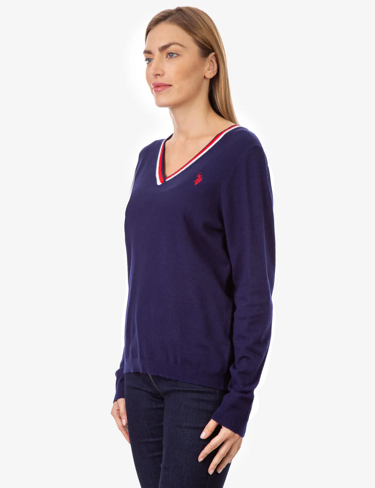 STRIPED RIB KNIT V-NECK SWEATER