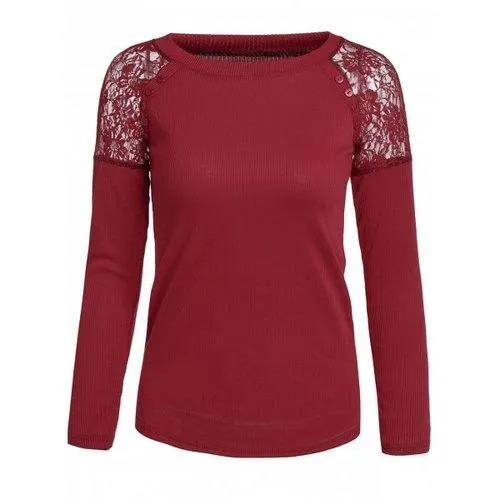 Stylish Jewel Neck Long Sleeves Solid Color Lace Splicing Sweater For Women - Wine Red One Size(fit Size Xs To M)
