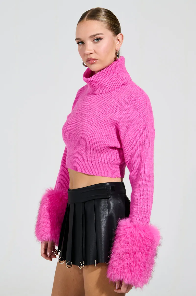 SYDNEY FUR CUFF CROPPED SWEATER IN HOT PINK
