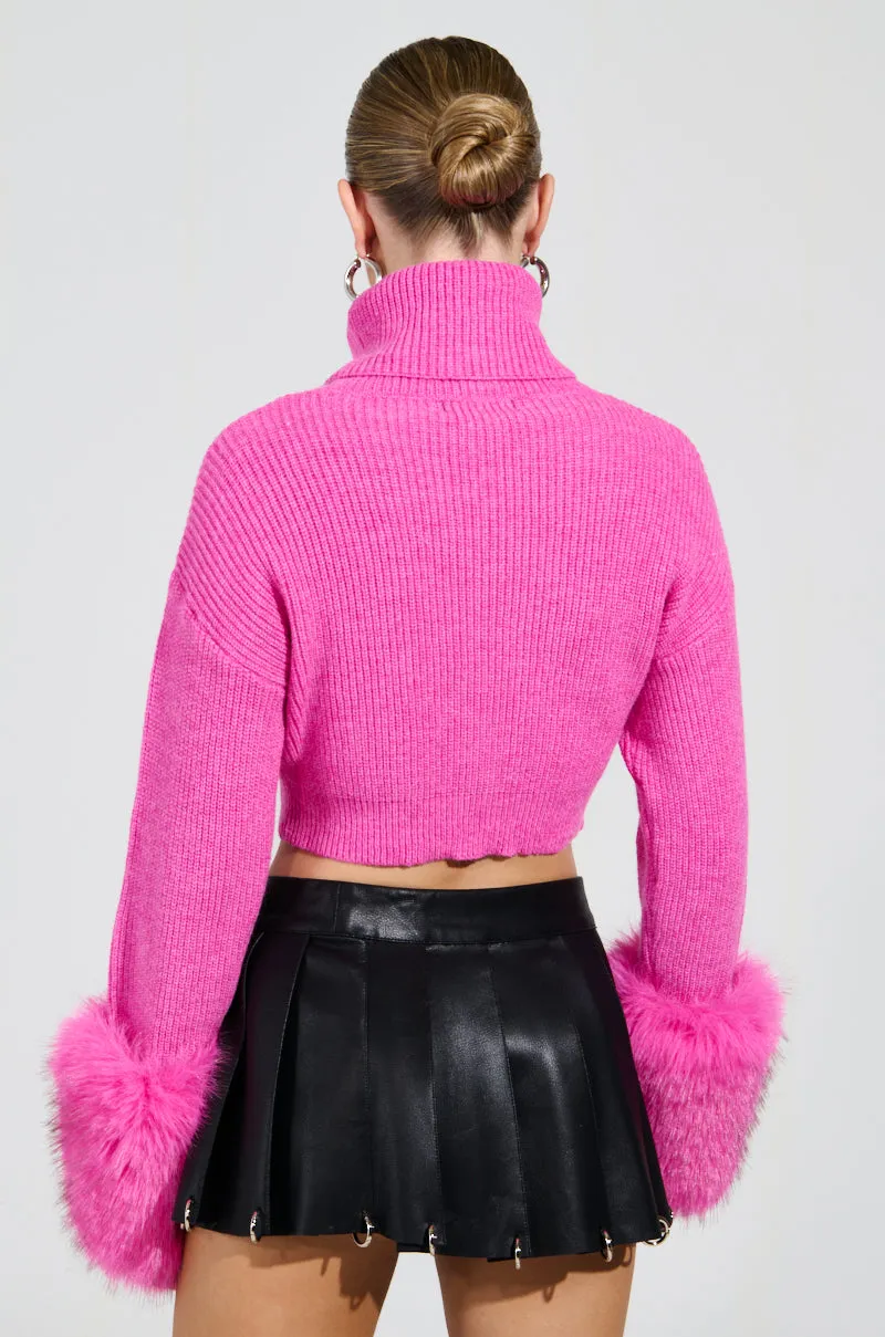 SYDNEY FUR CUFF CROPPED SWEATER IN HOT PINK