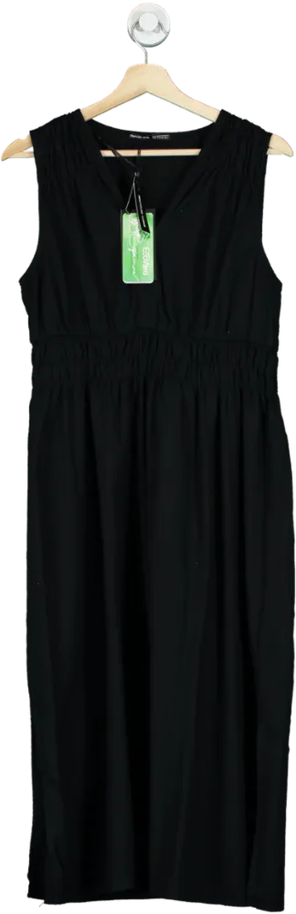 Threadbare Black Linen Vispeffercon Waist Tie Mid Dress UK 12