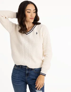 TIPPED CABLE V-NECK SWEATER