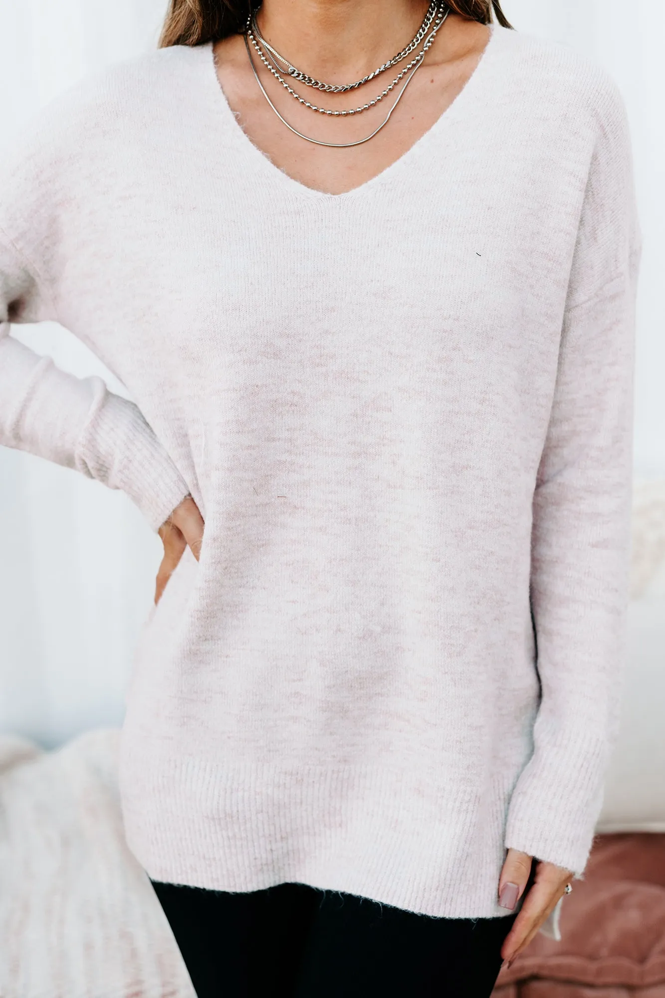 Totally Taken Two-Toned V-Neck Sweater (Pink)