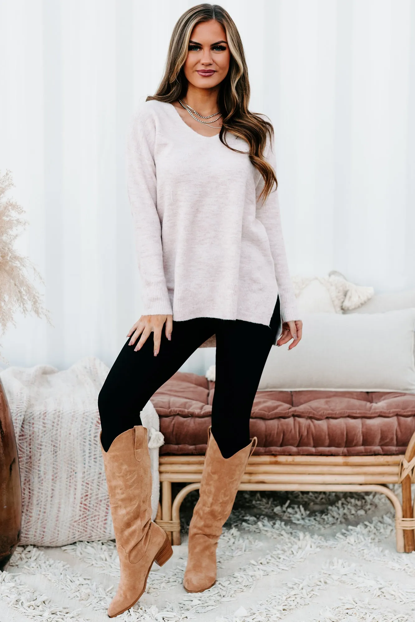Totally Taken Two-Toned V-Neck Sweater (Pink)