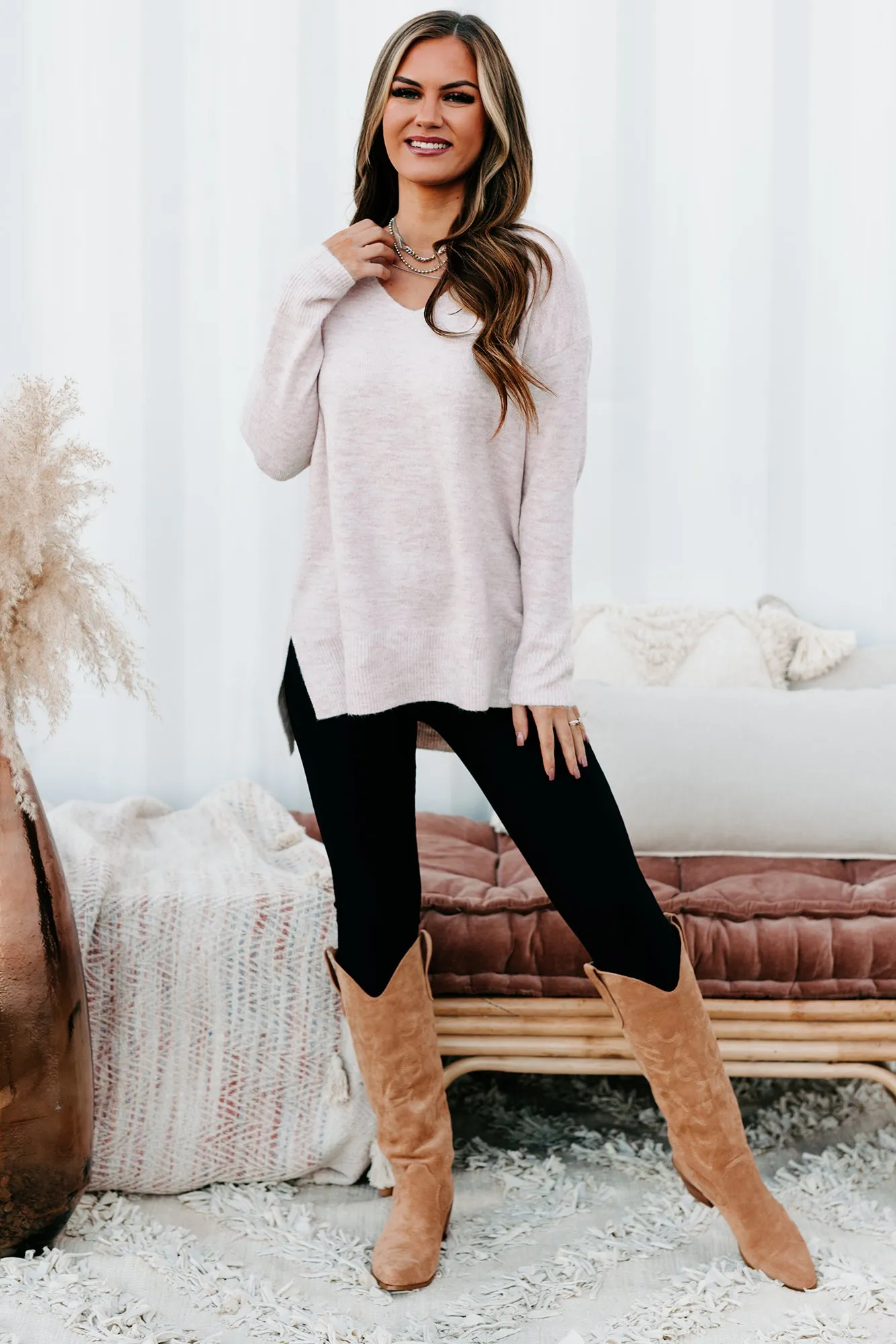 Totally Taken Two-Toned V-Neck Sweater (Pink)
