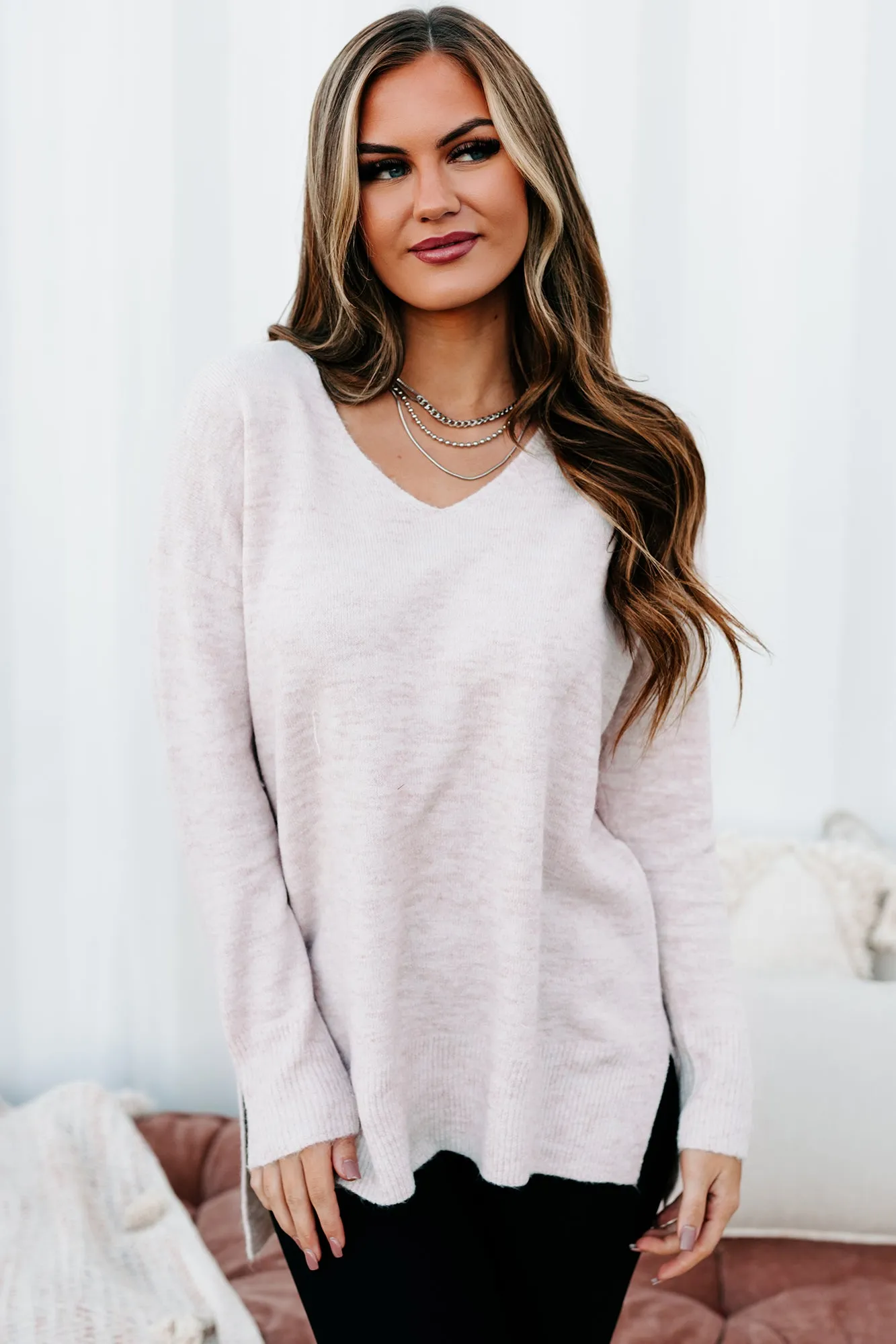 Totally Taken Two-Toned V-Neck Sweater (Pink)