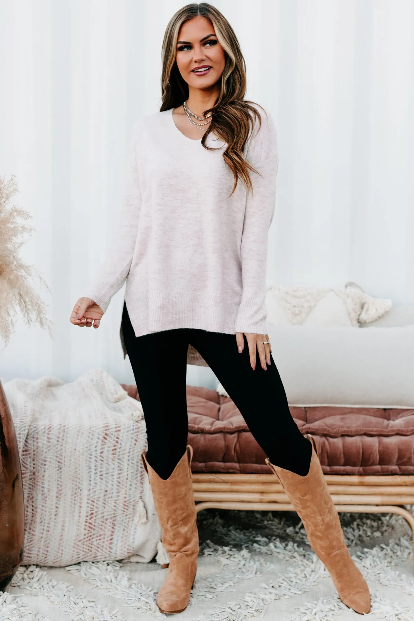 Totally Taken Two-Toned V-Neck Sweater (Pink)
