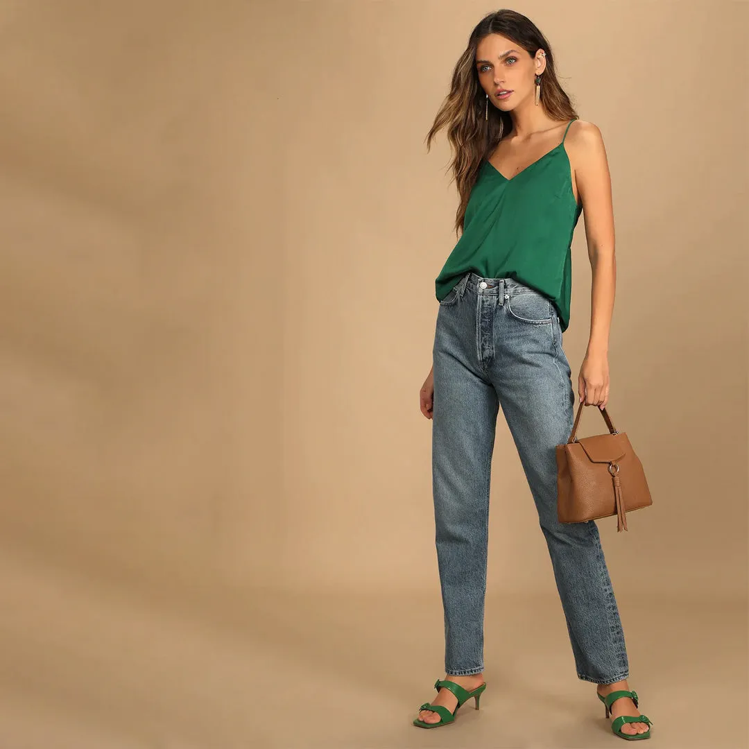 Twist the Tale Emerald Green Satin Twist-Back Tank Top