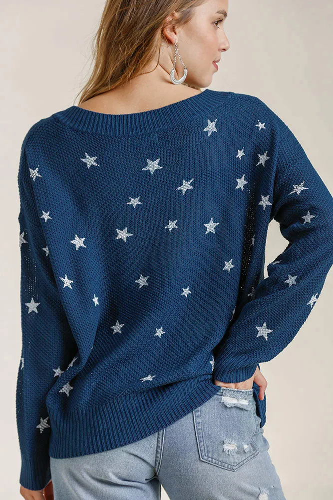 Umgee Star V-Neck Long Sleeve Sweater