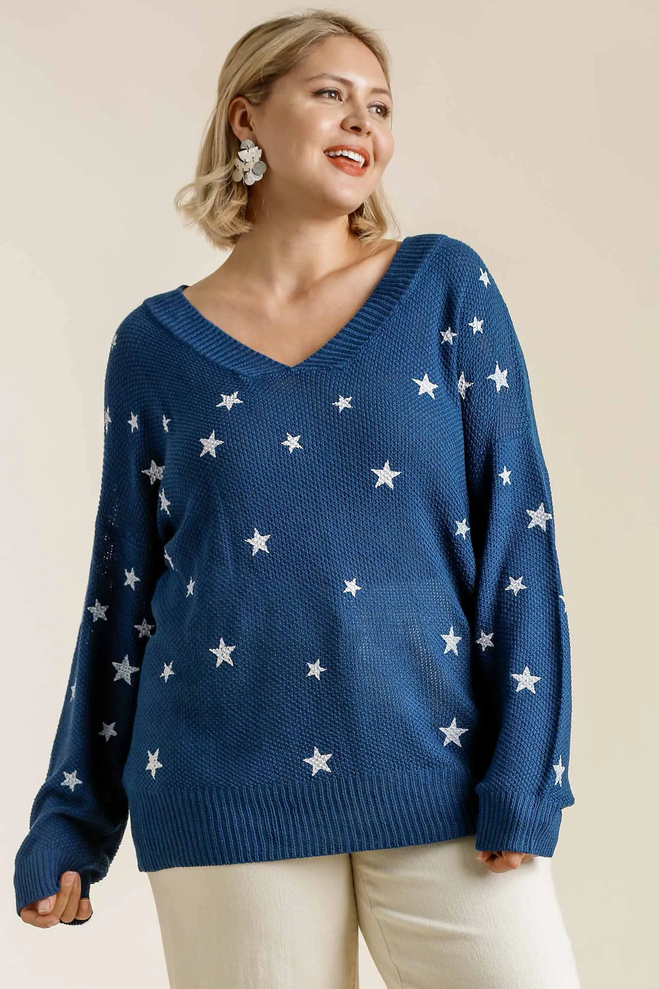 Umgee Star V-Neck Long Sleeve Sweater