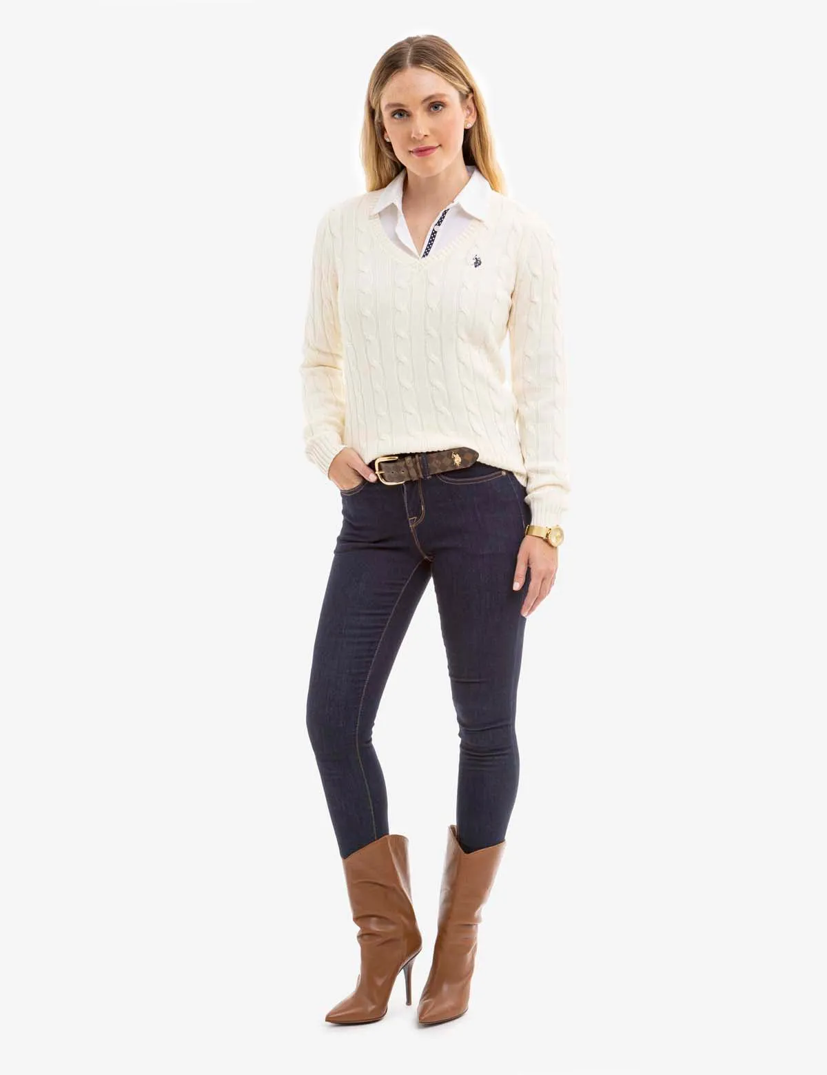 V-NECK CABLE PULLOVER SWEATER