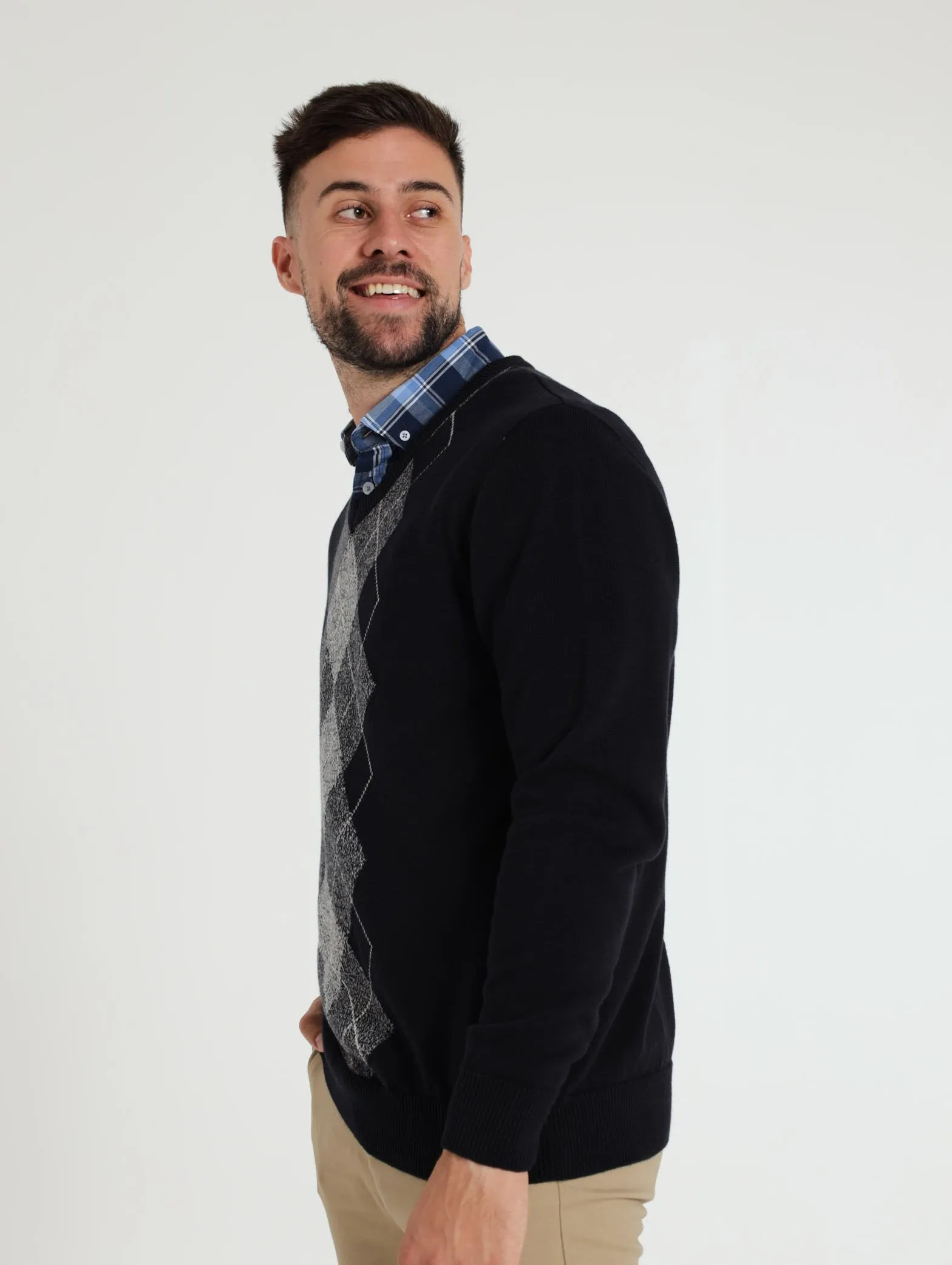 V-Neck Sweater with Diamond Print - Navy
